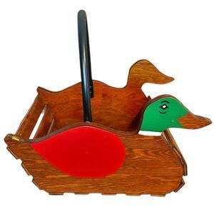 Vtg Handmade Wooden Slat Duck Basket w/ Handle Boy Nursery Decor Woodland Ducks